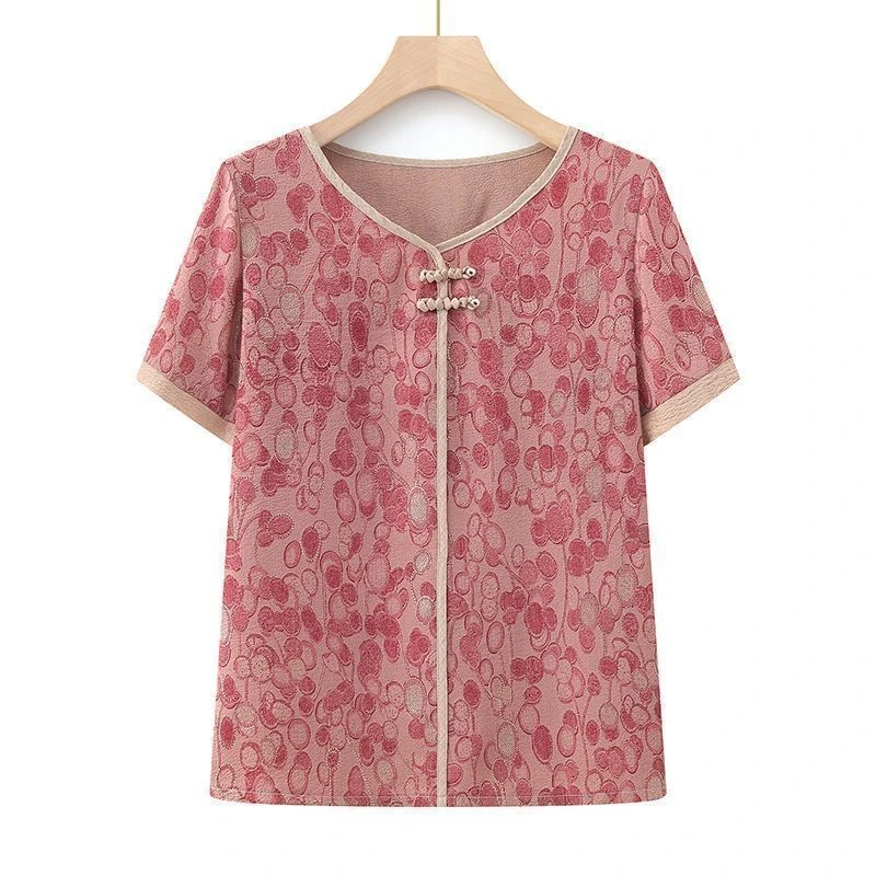 825红色夏季新中式短袖t恤女洋气减龄妈妈装圆领时尚印花上衣女