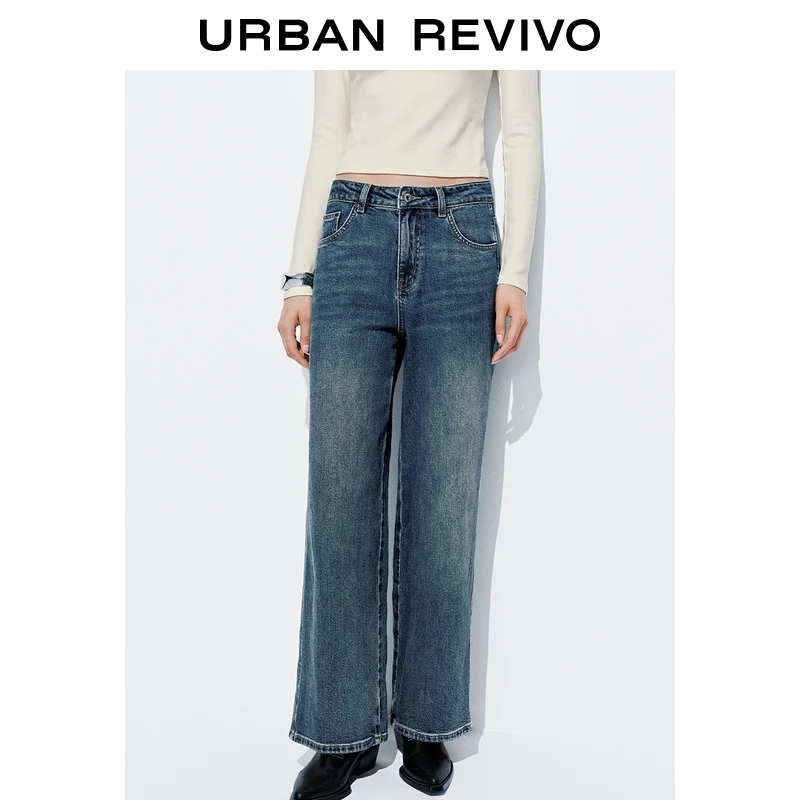 UR2025秋季新款女装复古休闲水洗猫须阔腿牛仔长裤UYY850240