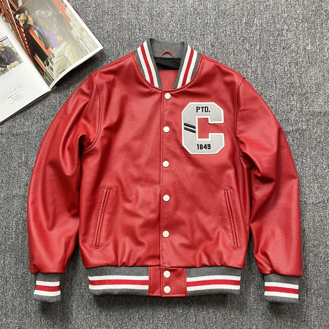 高端头层小牛皮棒球服简约真皮皮衣休闲潮流皮夹克刺绣百搭外套男