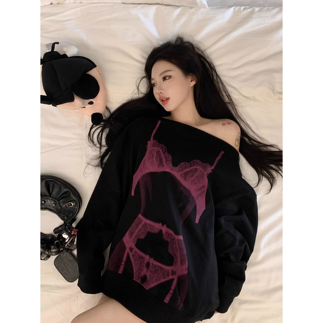 薄款秋季加绒加厚款套头斜领卫衣宽松卡通oversize美式长袖情侣