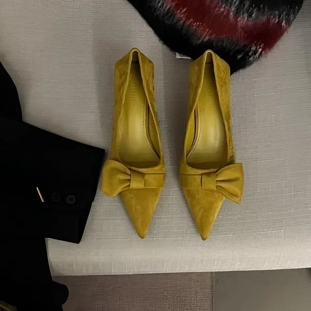 2025春季新款绒面蝴蝶结尖头浅口高跟女鞋时尚百搭气质细跟单鞋