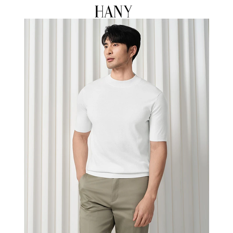 HANY[重磅莱赛尔羊毛]2025新款短袖t恤男打底白色半高领针织衫夏