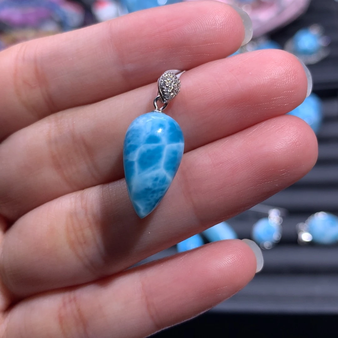 针钠钙石（海纹石）银S925镶嵌吊坠(不含链)水滴吊坠色差略异