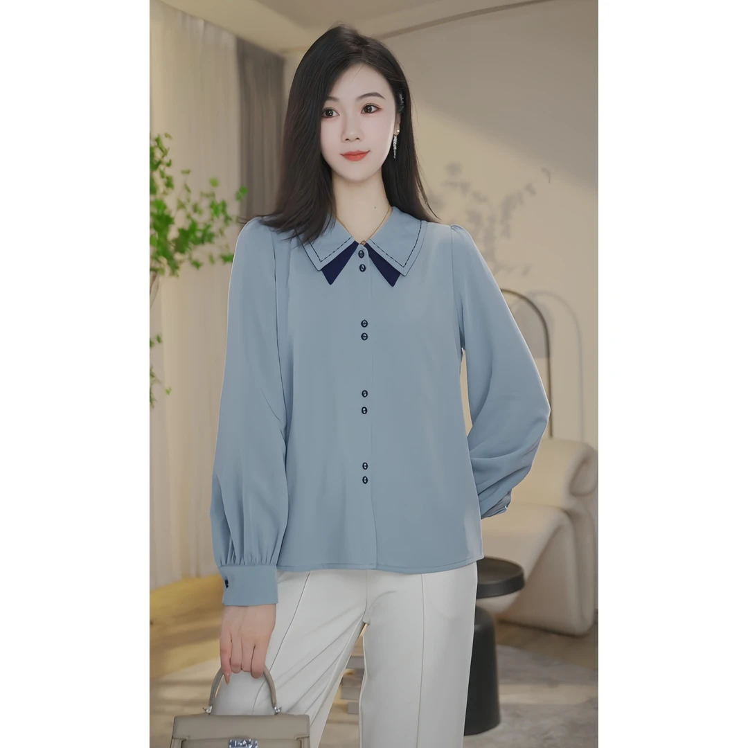 【杨杨专属】曼贝时尚纯色显瘦上衣宽松气质衬衣8593051灰蓝色衬衫
