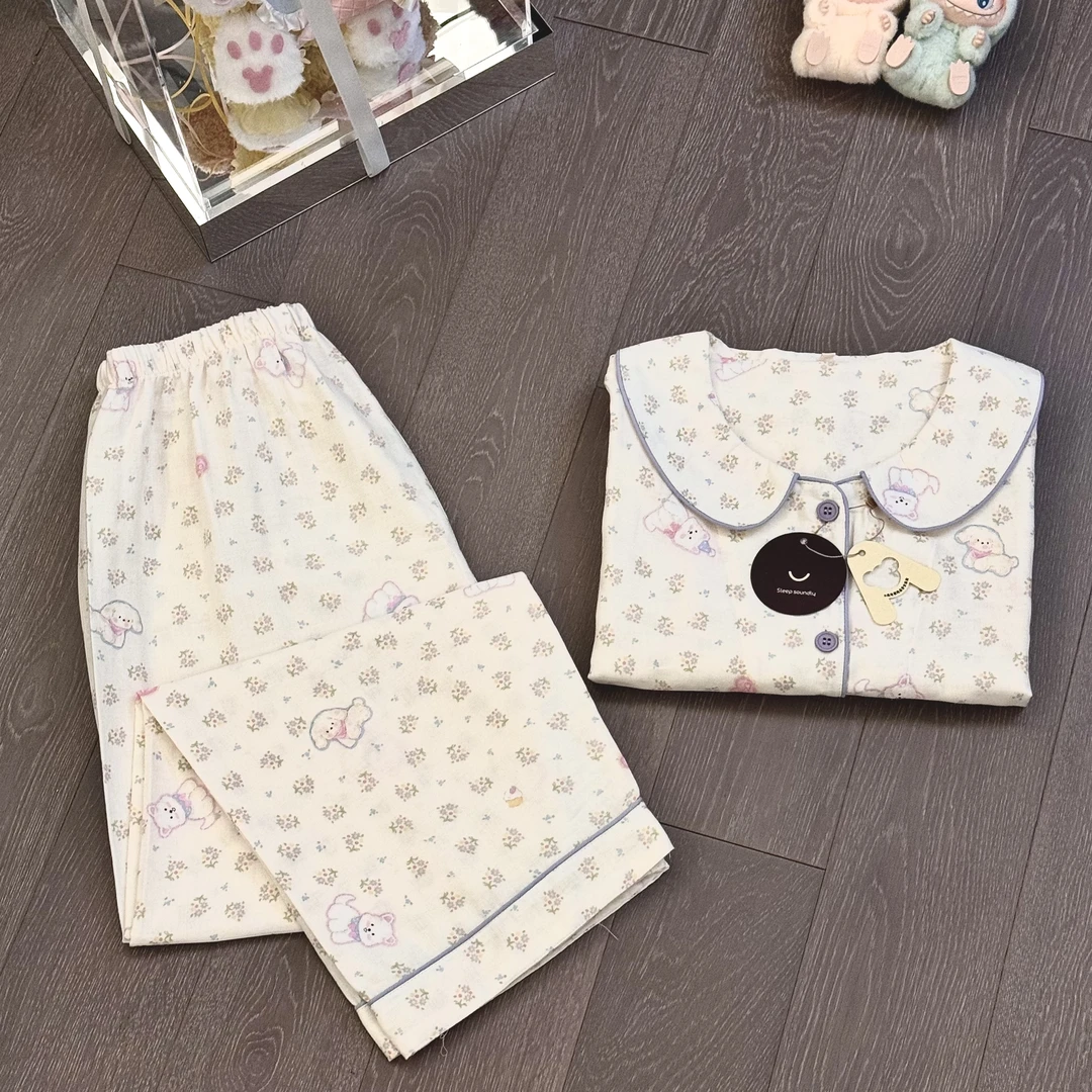 【泡芙小狗 】全棉双层纱长袖长裤家居服睡衣