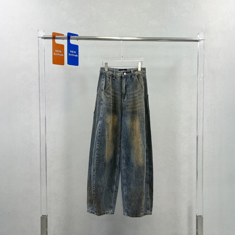 秋季美式复古宽松脏脏牛仔裤女时尚洋气辣妹弯刀直筒拖地长裤5588