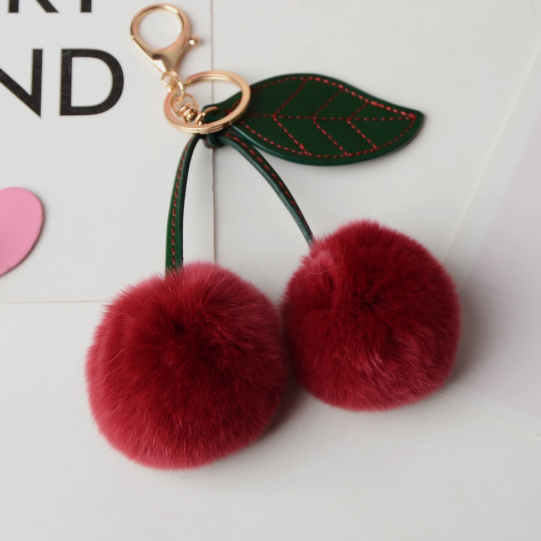 真獭兔毛小樱桃毛绒球汽车钥匙扣挂件可爱饰品书包包挂饰生日礼物