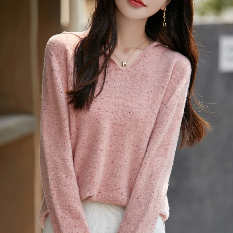 秋冬新款100纯羊毛一线成衣V领连帽点子纱羊毛衫女针织百搭连帽衫