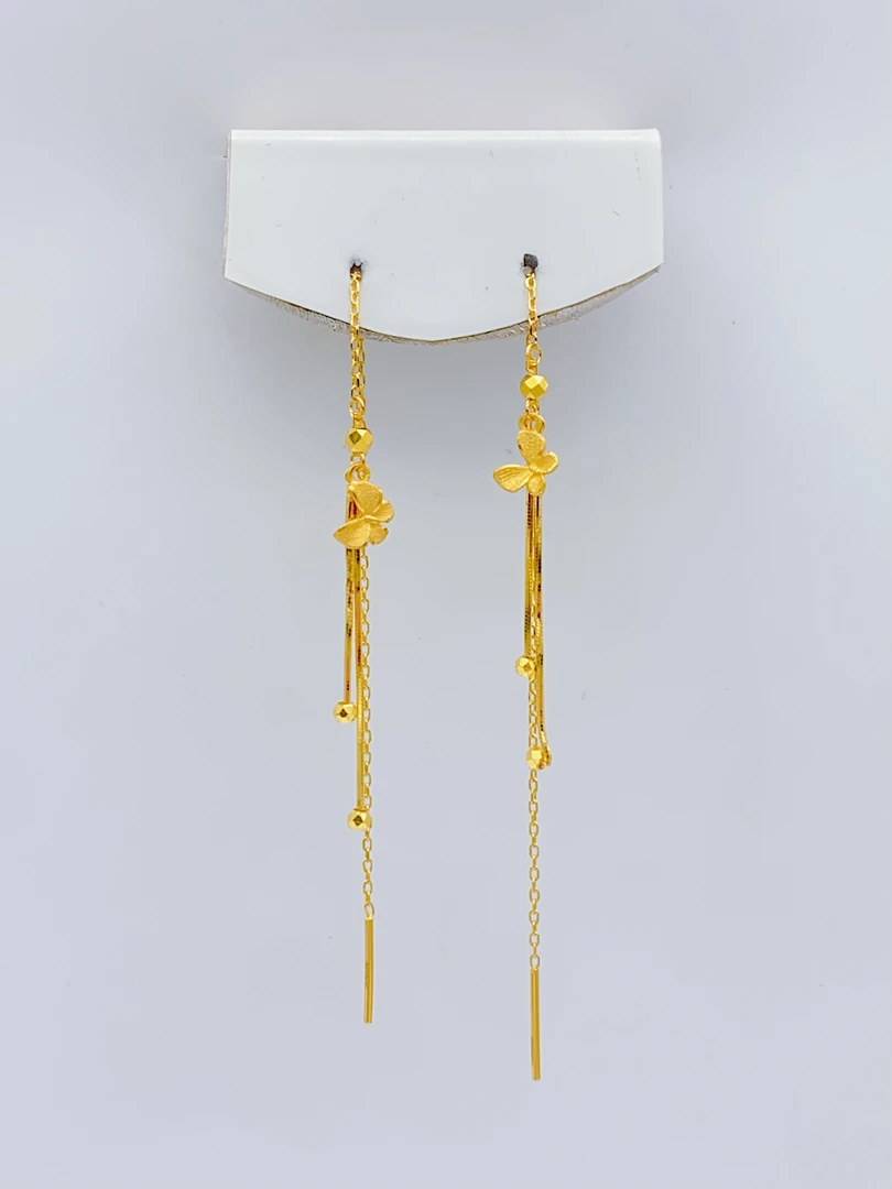 老庙黄金2 足金 精工5G工艺 磨砂秀气蝴蝶流苏 耳线 1.9克