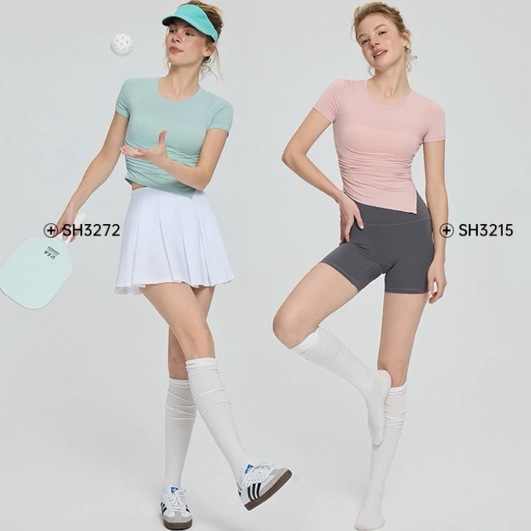 云感超薄亲肤抽褶开叉显瘦瑜伽运动健身短袖