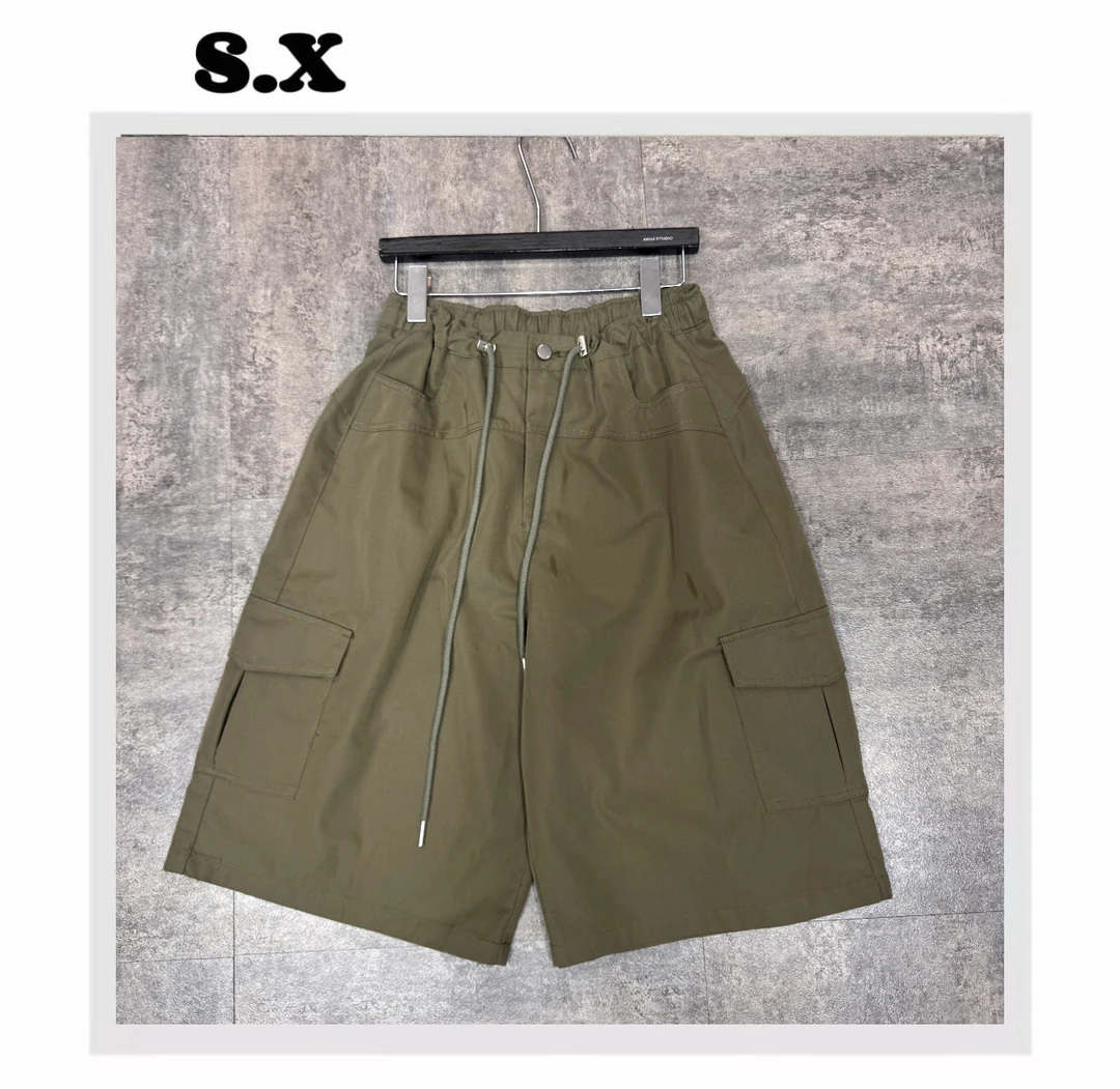 S.X 2025夏新款高腰双口袋拼接宽松七分裤