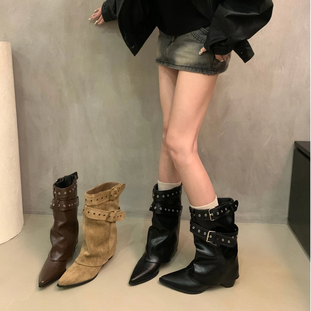 美式辣妹皮带扣裤管靴短筒靴女靴2025早秋新款小众设计短靴西部靴