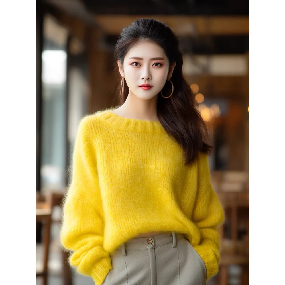 欧货重工黄色圆领女士毛衣秋冬慵懒风温柔今年流行漂亮打底衫