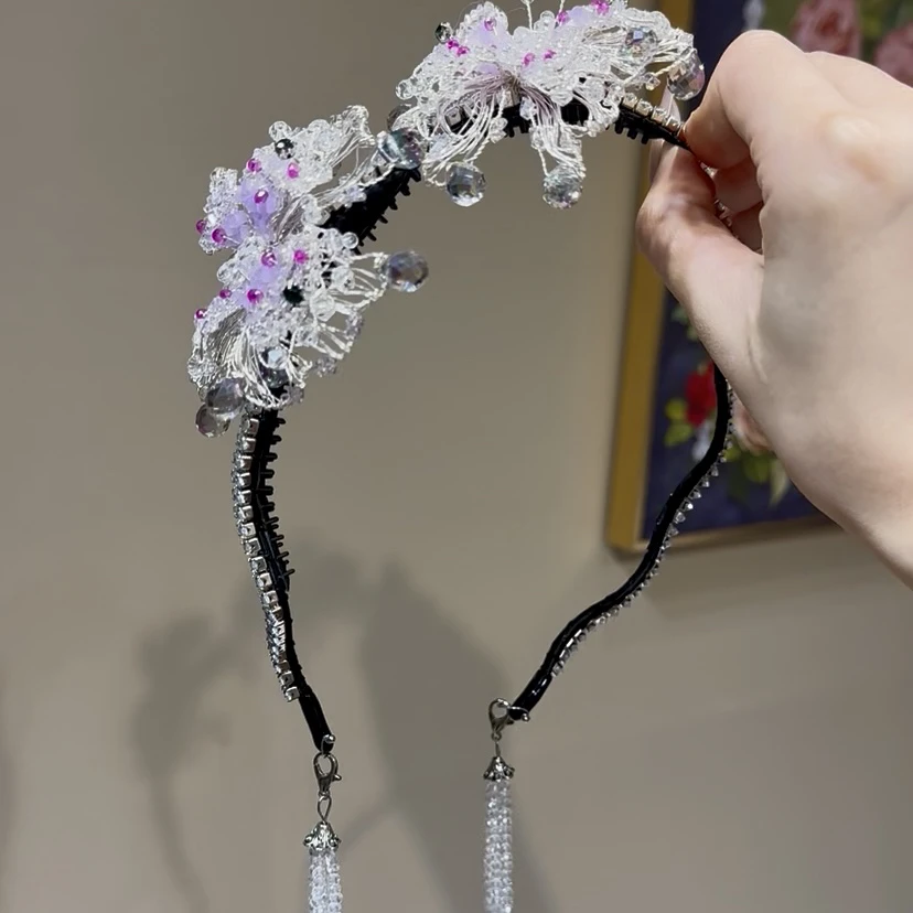 茜子风系列高定紫色蝴蝶蕾丝系列发箍网红发饰头饰