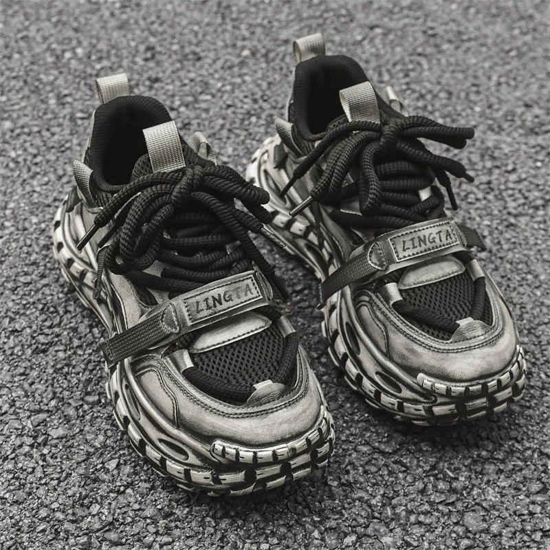 男鞋春夏季潮牌百搭小众轮胎厚底隐形内增高黑色运动休闲老爹潮鞋