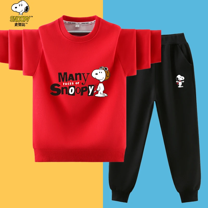 史努比男童红色套装秋冬款2025新款帅气中大儿童一体绒衣服炸街潮