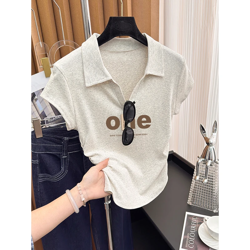 POLO领短袖t恤女2025新款夏季甜辣修身显瘦短款正肩纯棉洋气上衣