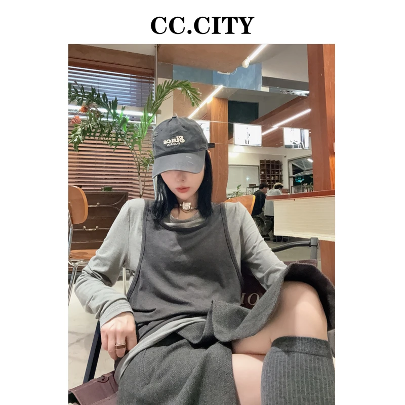 【蔡丽丽&添羽】时尚休闲运动长袖针织圆领设计感两件套T恤6x1253