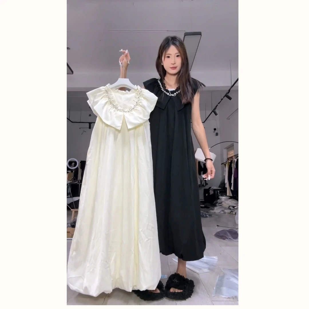 法式甜美温柔风荷叶边连衣裙女学生韩版宽松显瘦夏季新款花苞长裙