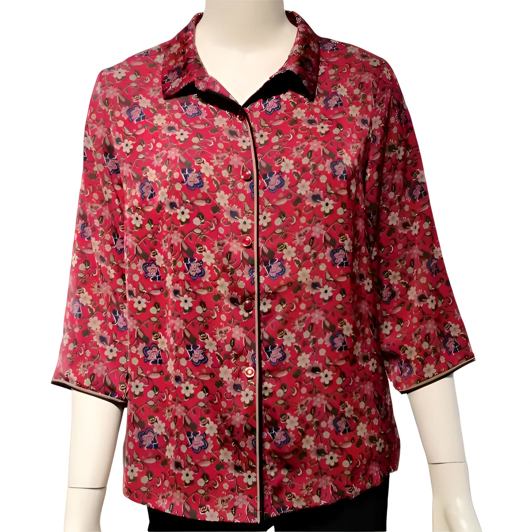 芙太太芙太太中袖衬衣气质衬衫碎花夏季红色宽松时尚经典印花