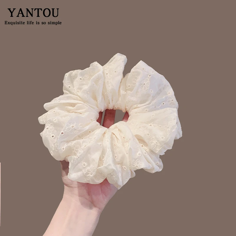 慵懒风镂空刺绣蕾丝肥肠圈基础网红米色温柔气质发绳皮筋发圈