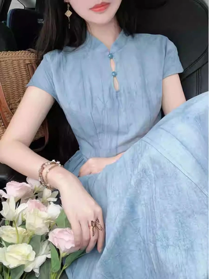 新中式气质绝美蓝色改良旗袍裙夏季新款复古盘扣超好看立领连衣裙
