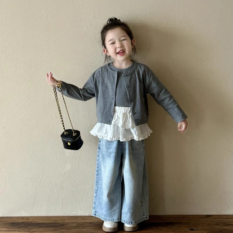 女童针织开衫套装2025春装韩系儿童洋气时髦打底衫叠穿屁帘牛仔裤