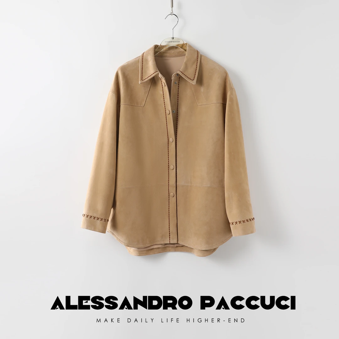 AP洛哥24821X 黑标/羊皮革 宽松廓形复古极简风绣花皮衣外套