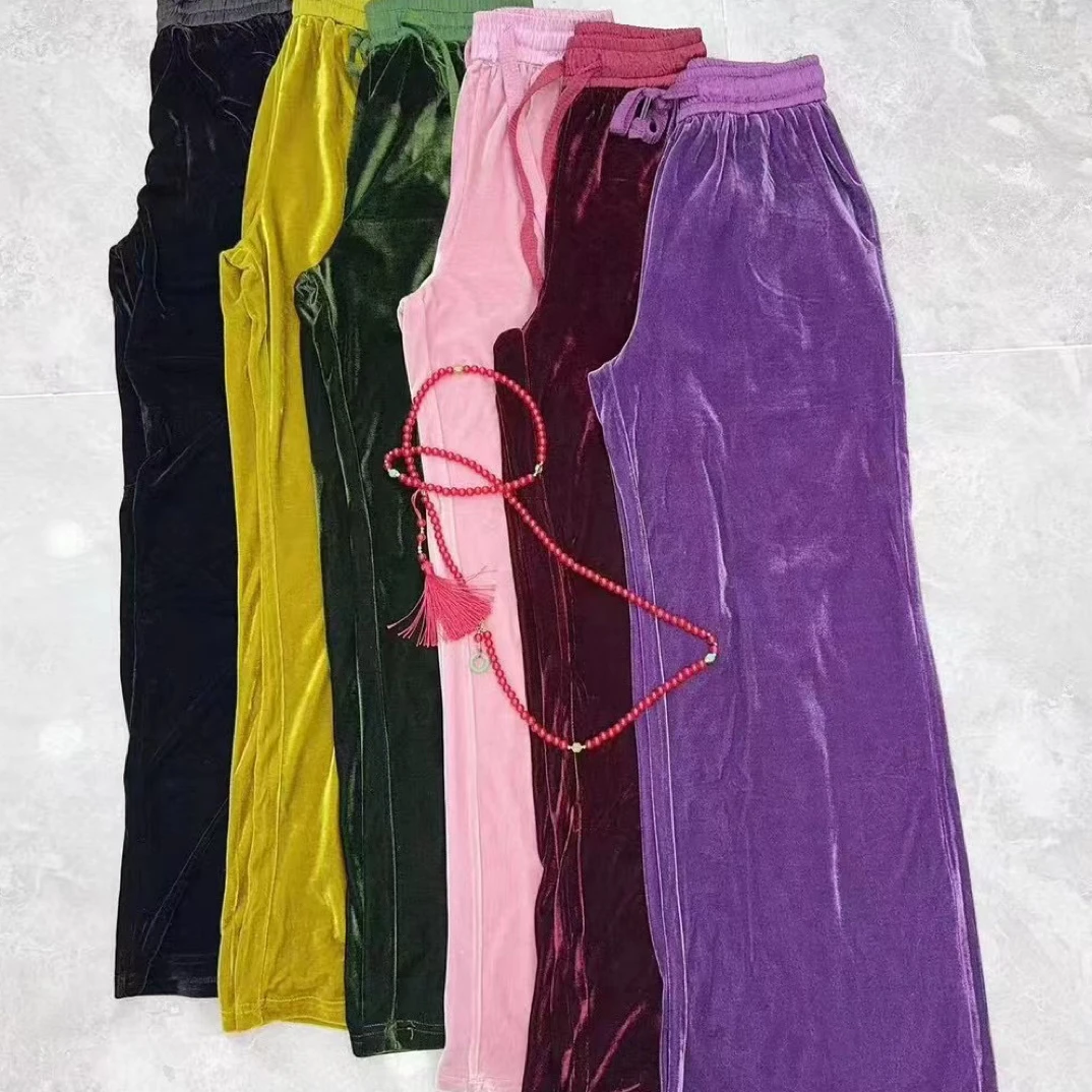 新款丝绒直筒阔腿裤纯色休闲百搭高腰垂感长裤