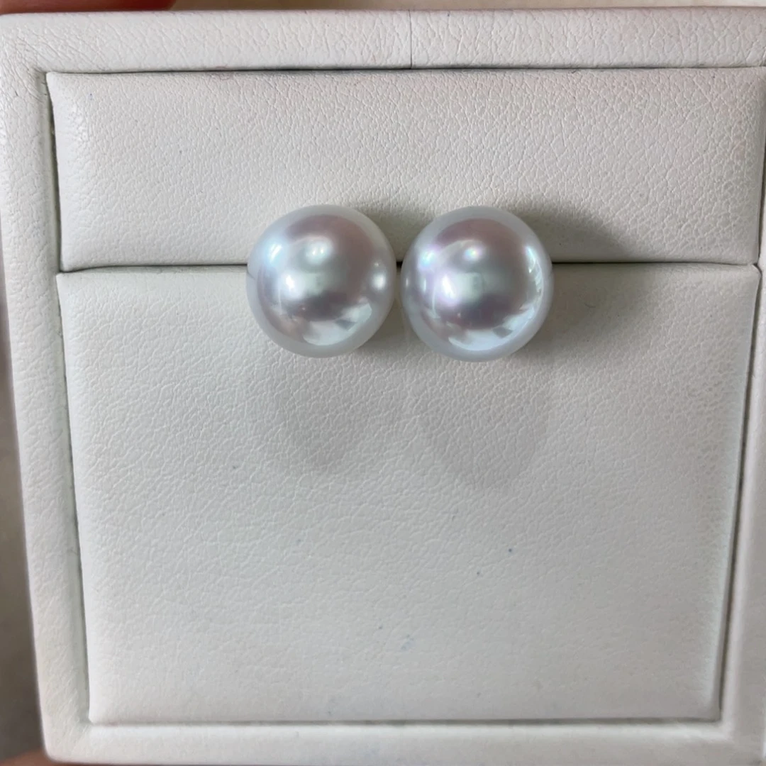 18K金镶嵌耳饰海水珍珠澳白11-12m m