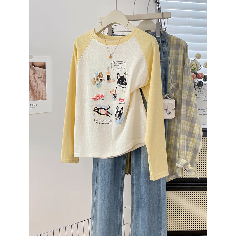韩版卡通印花撞色插肩长袖T恤女2025秋季时尚百搭宽松圆领上衣潮