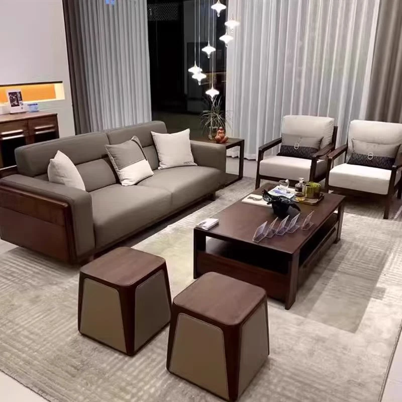 新中式北美黑胡桃木白蜡木全实木现代简约客厅真皮沙发高端家具