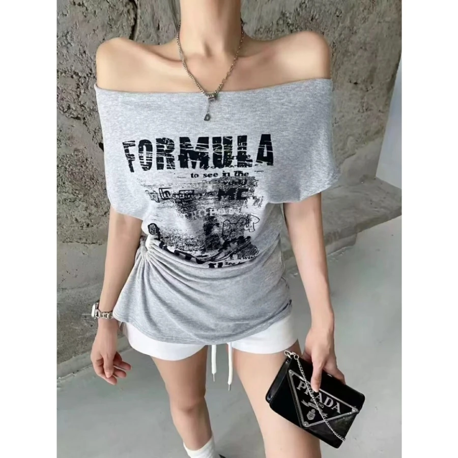 美式露锁骨辣妹性感百搭一字领镂空收腰字母印花短袖T恤