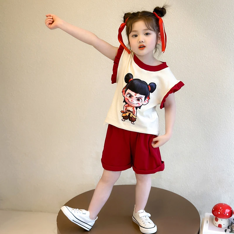 女童套装夏季短袖短裤哪吒女宝宝夏款休闲小童亮灯魔童衣服两件套