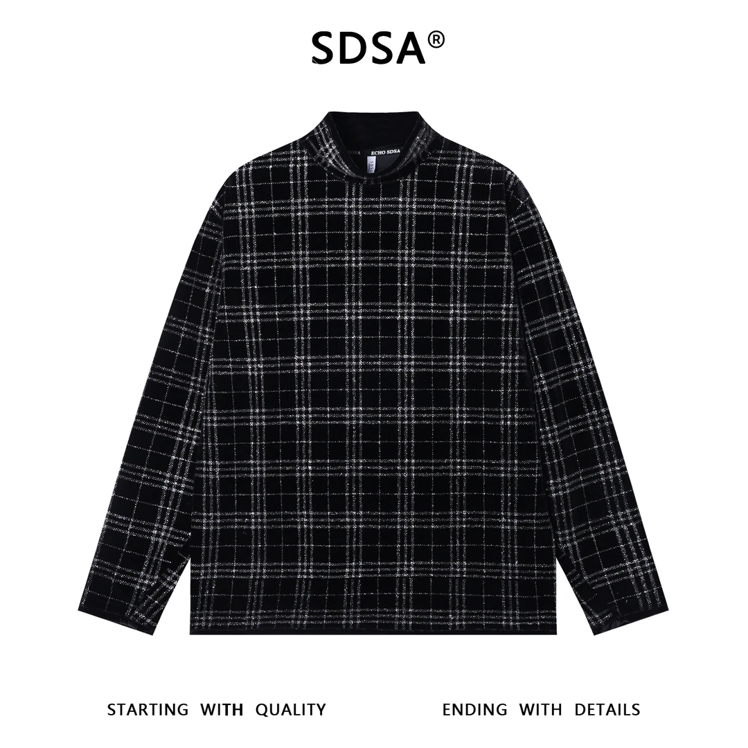 SDSA男士秋冬新款痞帅男装潮牌撞色格纹半高领长袖T恤休闲百搭潮