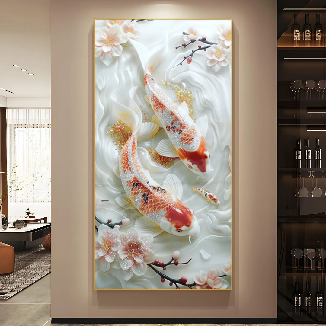 现代轻奢入户玄关晶瓷镶钻鱼图装饰画客厅走廊高级感壁画鱼80160