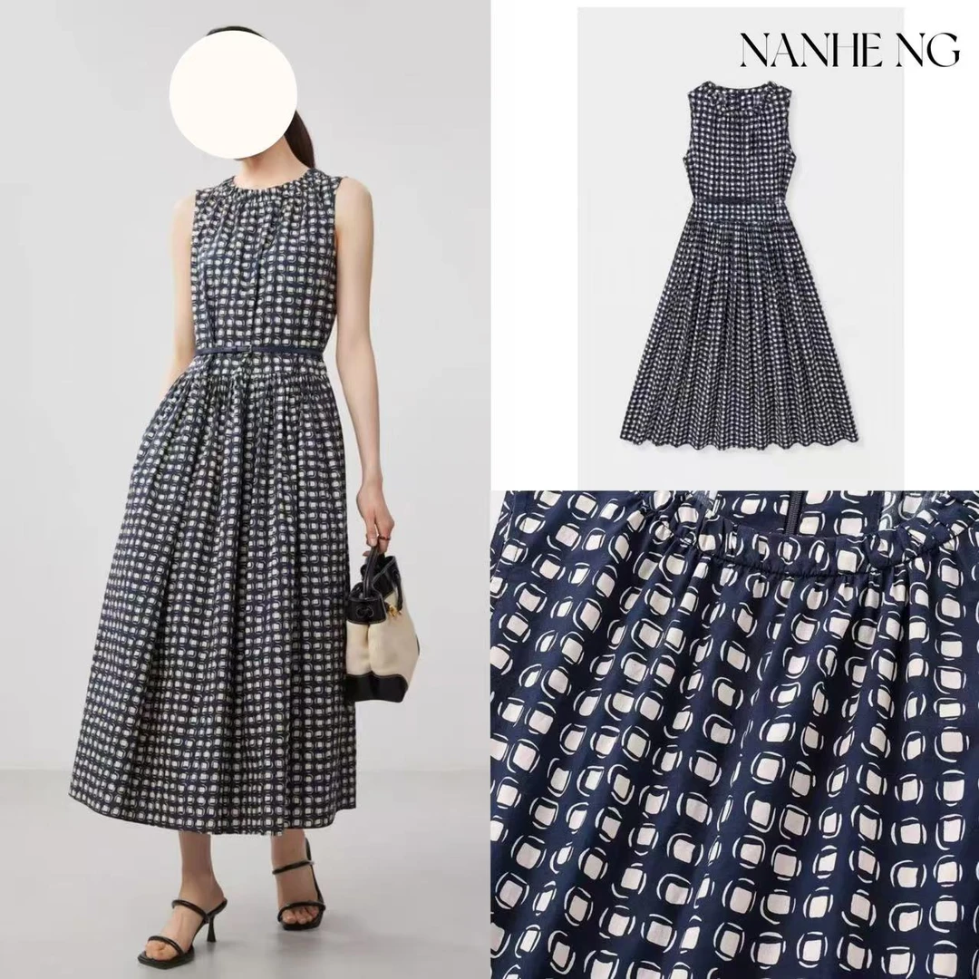 5608气质格纹印花腰带款无袖中长款夏季女装连衣裙