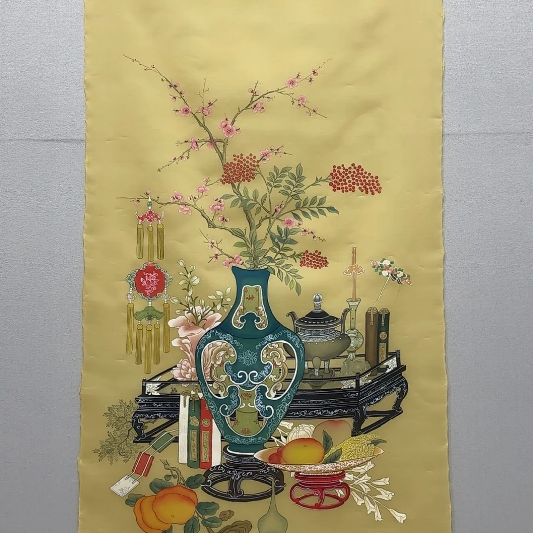 国画绢本工笔四尺清供图贾敏