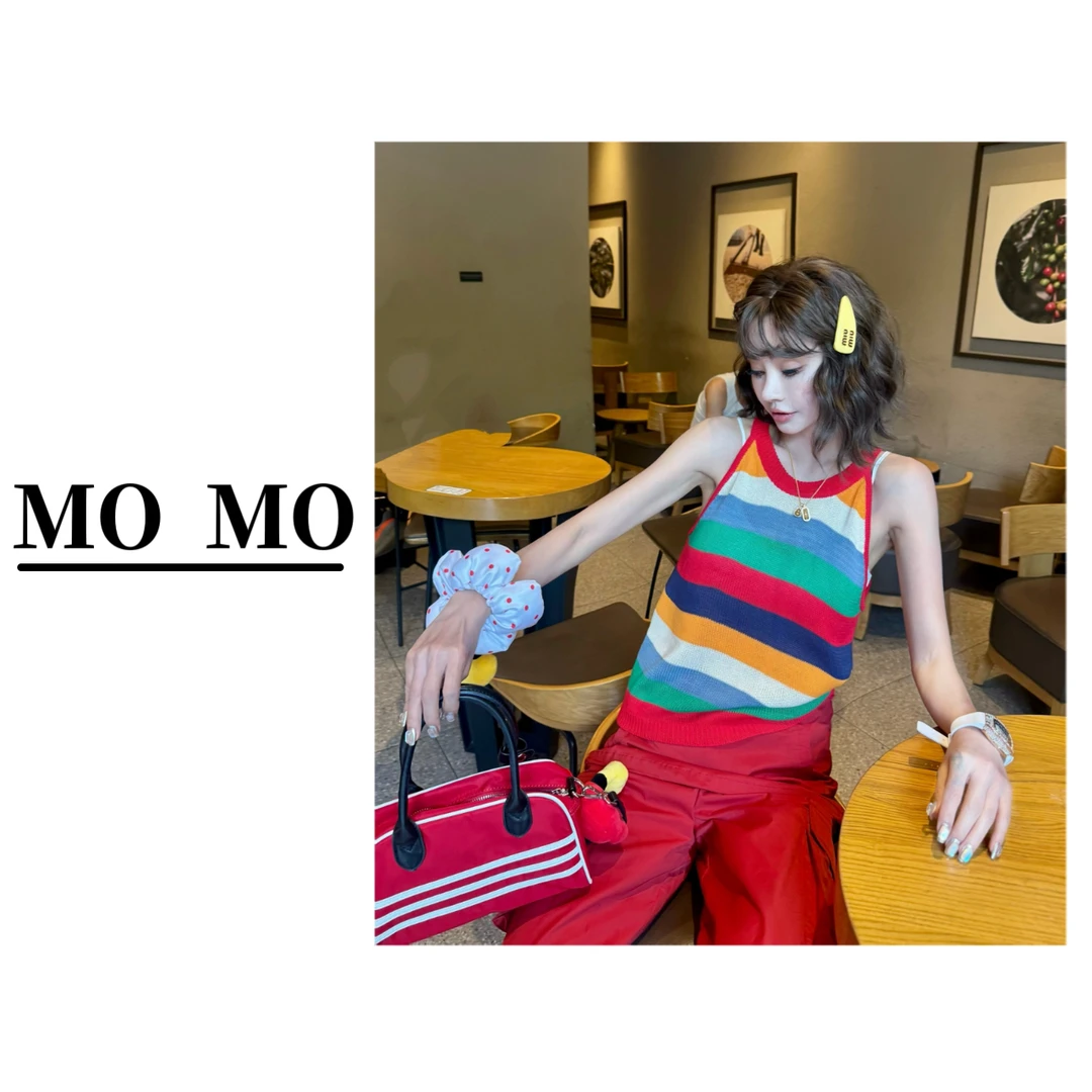 MOMO【彩虹撞色针织背心】2025新款百搭镂空拼色无袖打底上衣设计感
