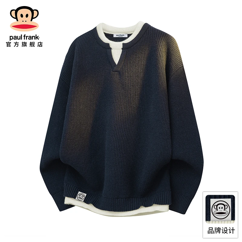PaulFrank/大嘴猴假两件亨利领毛衣男士2025秋季休闲宽松保暖上衣
