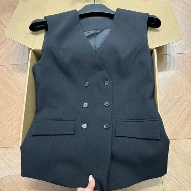 （气质全开）女职场开衫薄款纯色夏季马夹无袖黑色双排扣