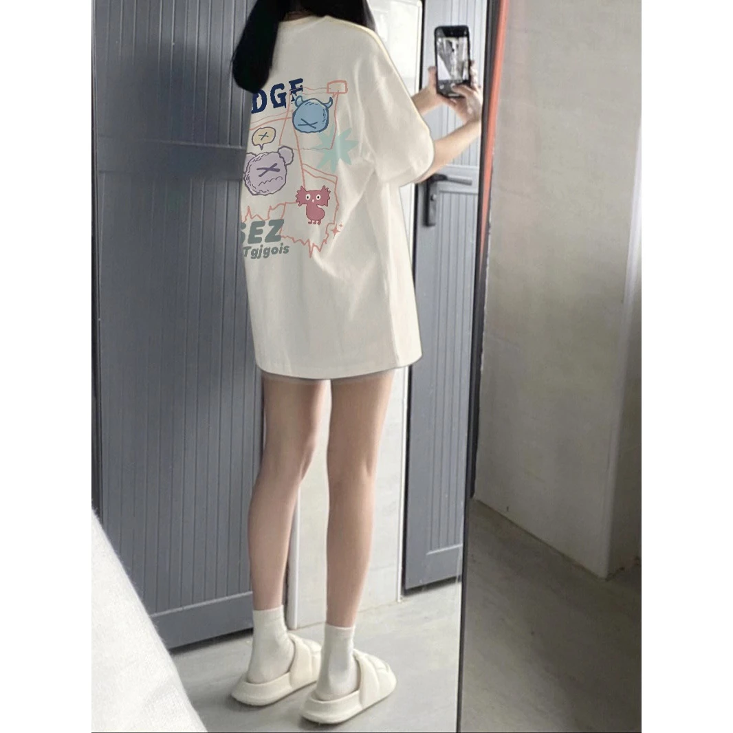 夏季白色宽松短袖T恤女2025韩版洋气卡通印花oversize中长款上衣