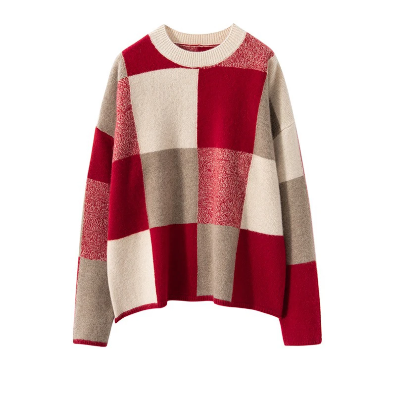 圆领设计感格格拼色套头羊绒衫 wp 704