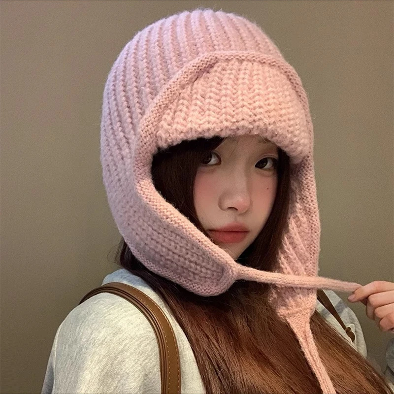 甜美毛球防寒帽针织冬天套头帽加绒女学生雷锋帽秋冬防风帽子保暖