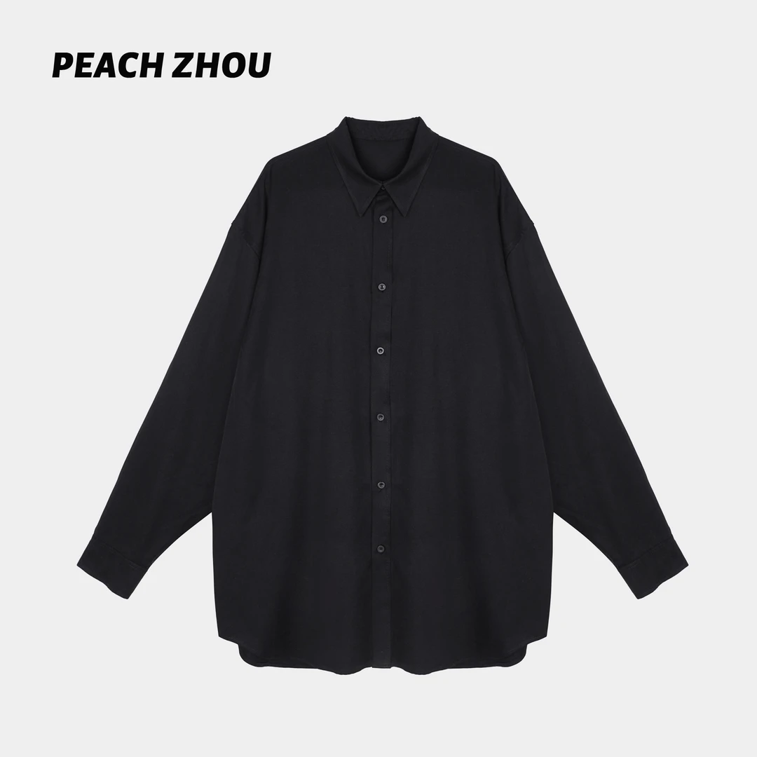 『PEACHZHOU』100天丝柔滑宽松翻领廓形衬衫简约休闲百搭慵懒衬衣