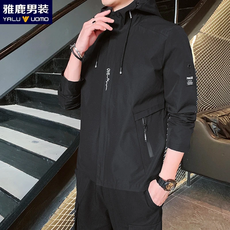 雅鹿男装爆款外套春秋韩版连帽风衣潮流百搭男款夹克防风时尚外套