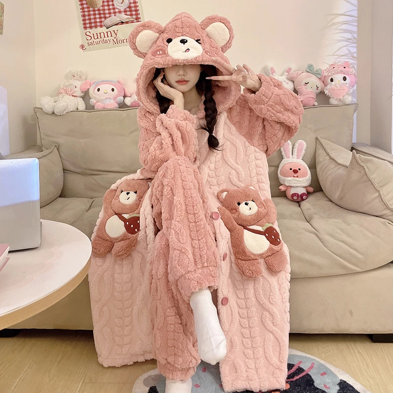 女家居服套装加绒睡衣卡通睡衣保暖珊瑚绒睡袍睡衣女款秋冬