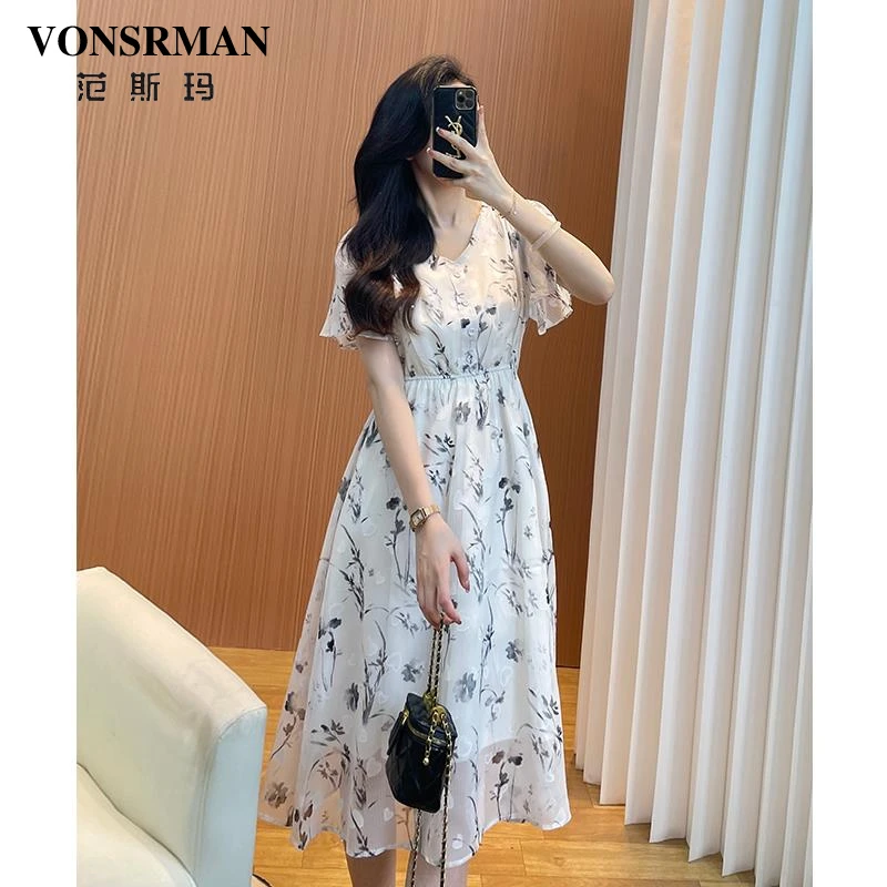 短袖连衣裙2025新款今年流行爆款白色印花收腰显瘦减龄漂亮A字裙