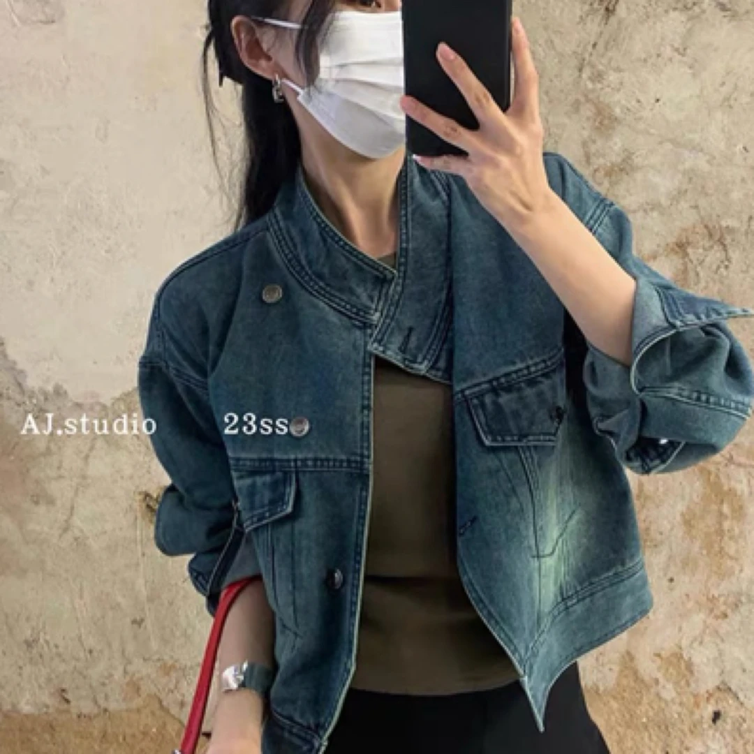 韩系复古港风做旧牛仔外套女2023春秋新款高级感超好看短夹克上衣