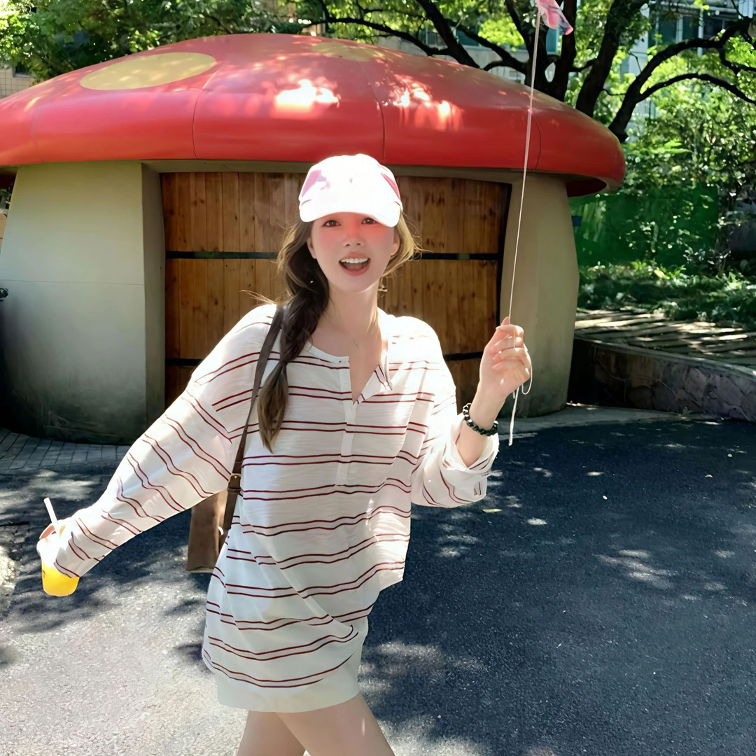 2025新款巨好看的防晒罩衫韩系宽松显瘦长袖条纹T恤上衣女新款